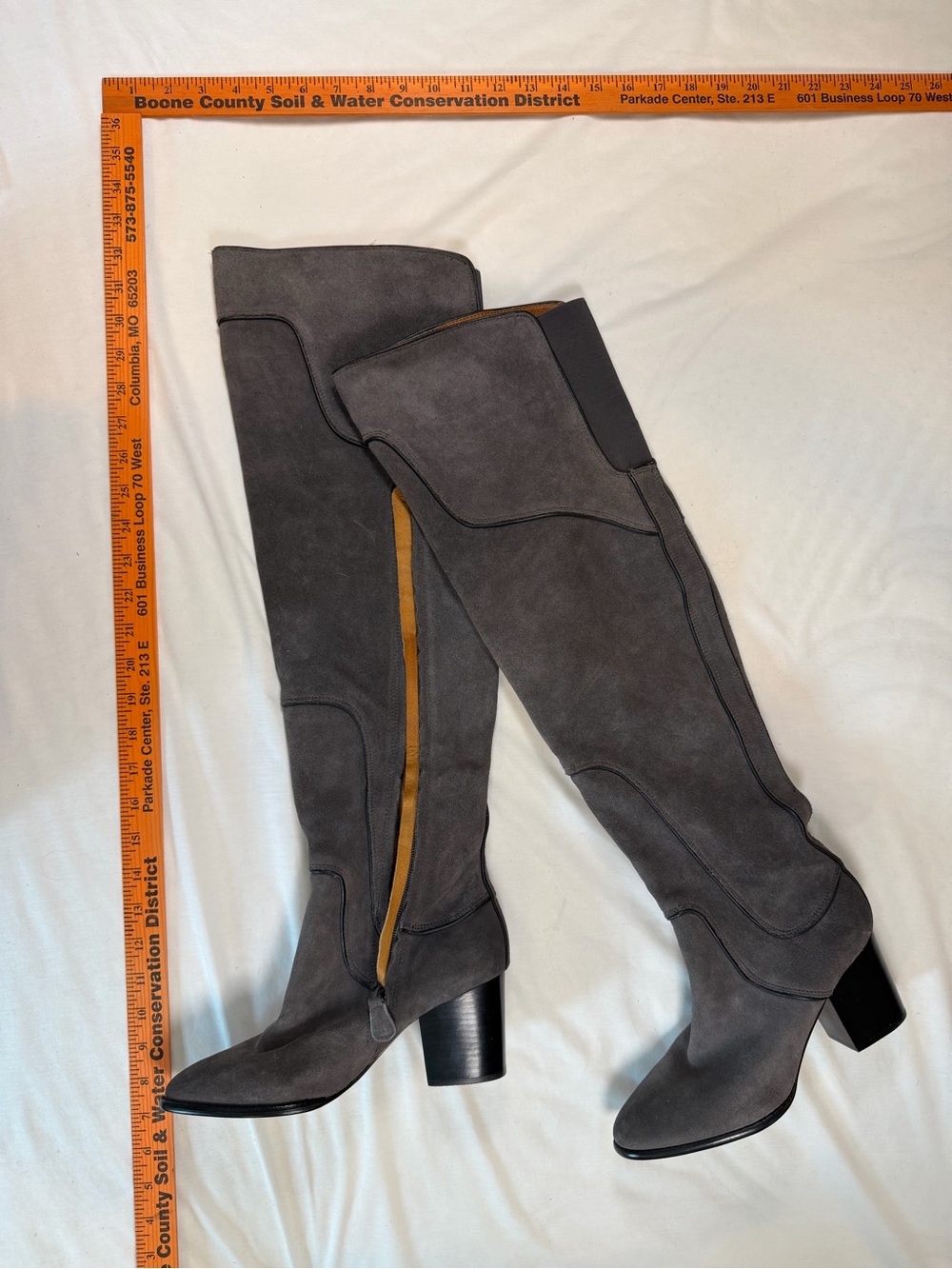 Rebecca Minkoff Over-the-Knee Suede Boots in Charcoal Gray with Tan Trim